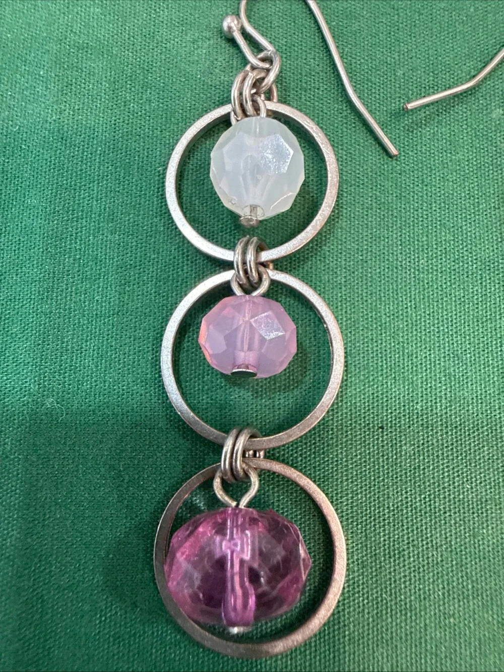 Silver-Tone Triple Circle Drop Earrings with White and Pink Beads